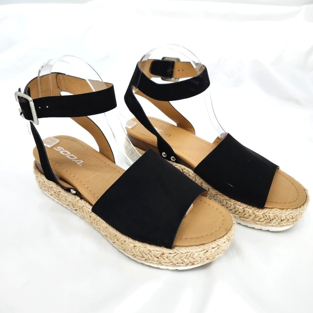 Soda Women Espadrille Wedge Sandals 9 Black Platform Ankle Strap Boho Chic
